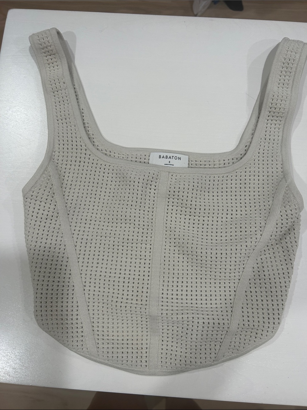 Babaton Beige Crochet Knit Crop Tank